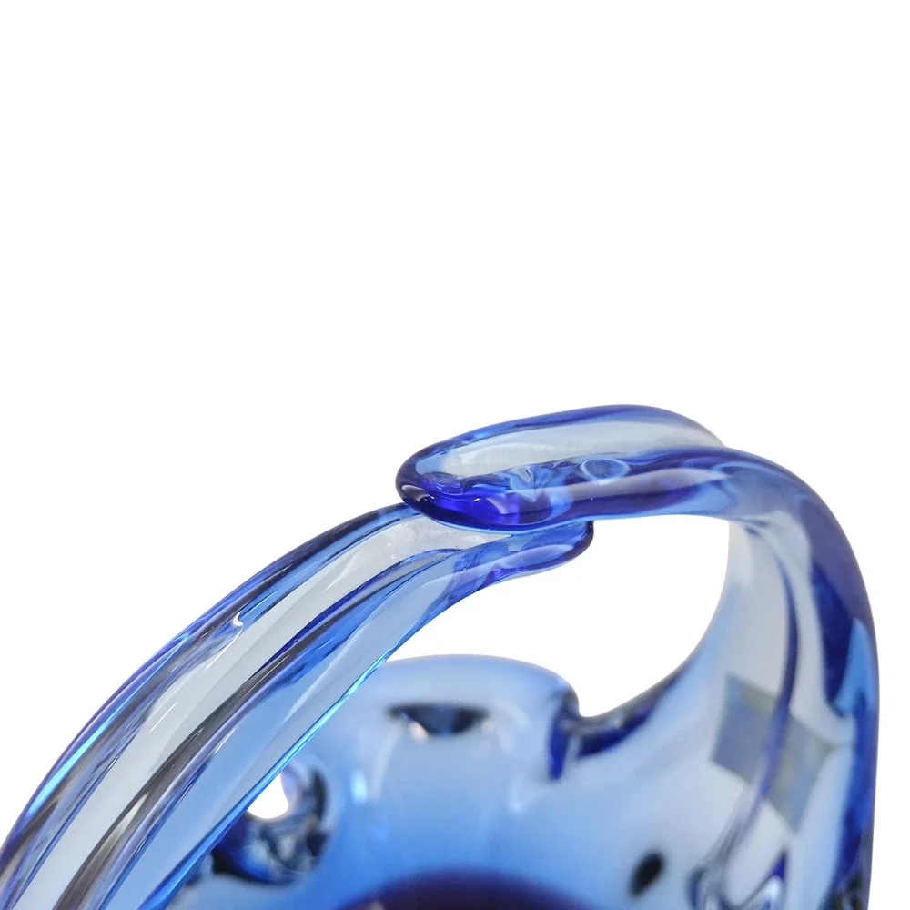 Crystal Clear Basket Hand Blown Art Glass Blue/Pink 7.5